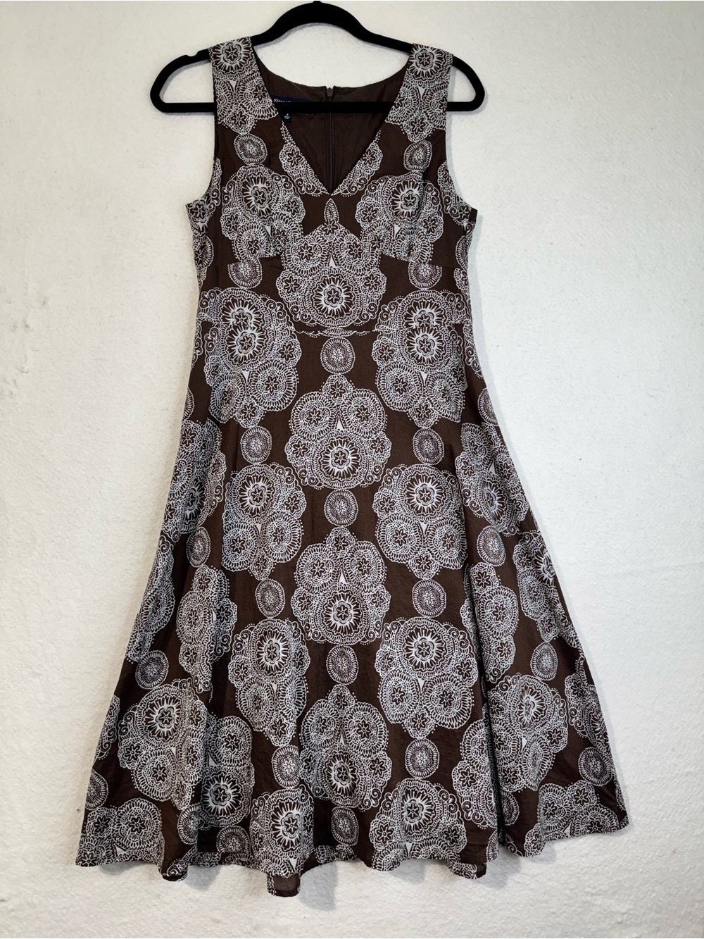 Jones NY Sleeveless Brown White Floral Medallion Pattern A-Line Cotton Dress Y2K
